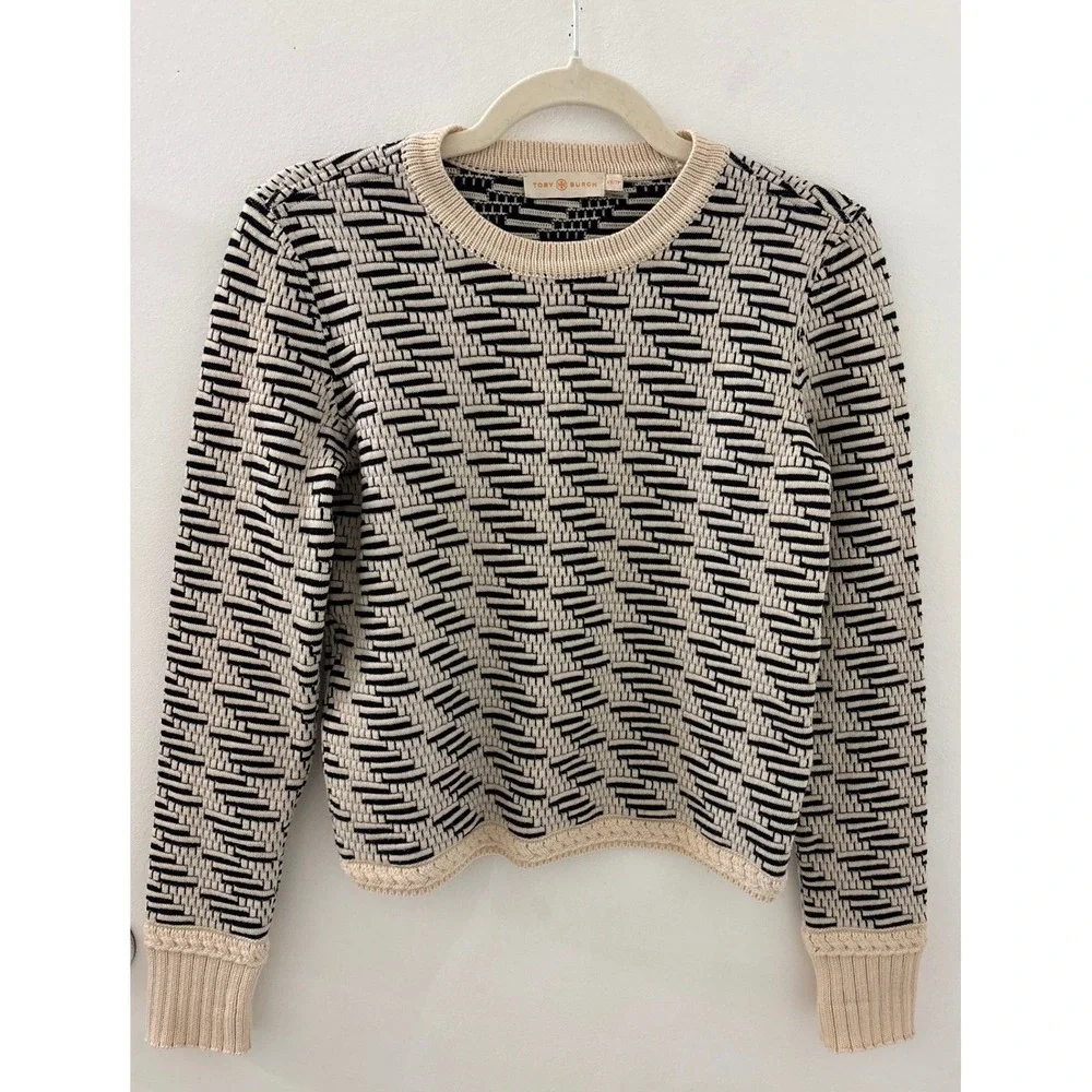 Tory Burch Wool Blend Jacquard Navy Cream Braided Trim Sweater SZ XS Preppy